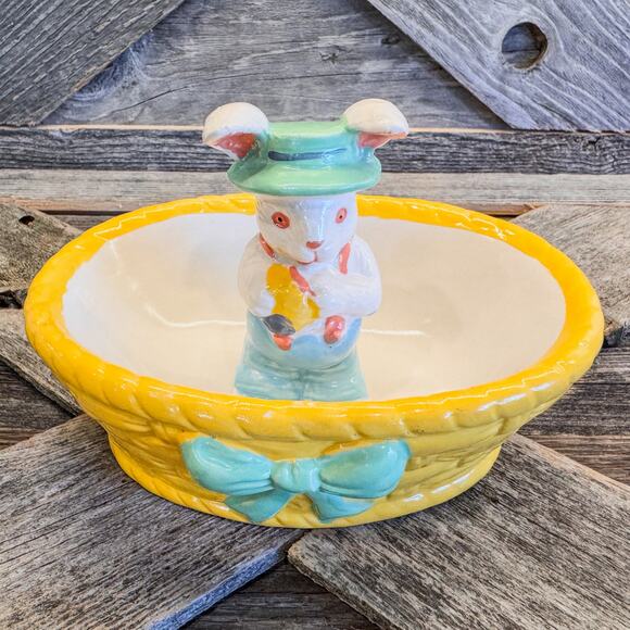 1997 Vintage Hermitage Pottery, Ceramic Easter Bunny and Basket Jelly Bean Dish - Picture 2 of 10